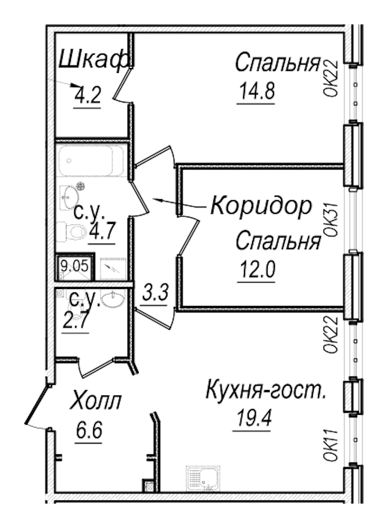 2-комнатная квартира 67.7 м², 5/8 эт., Комплекс апартаментов «Meltzer Hall»